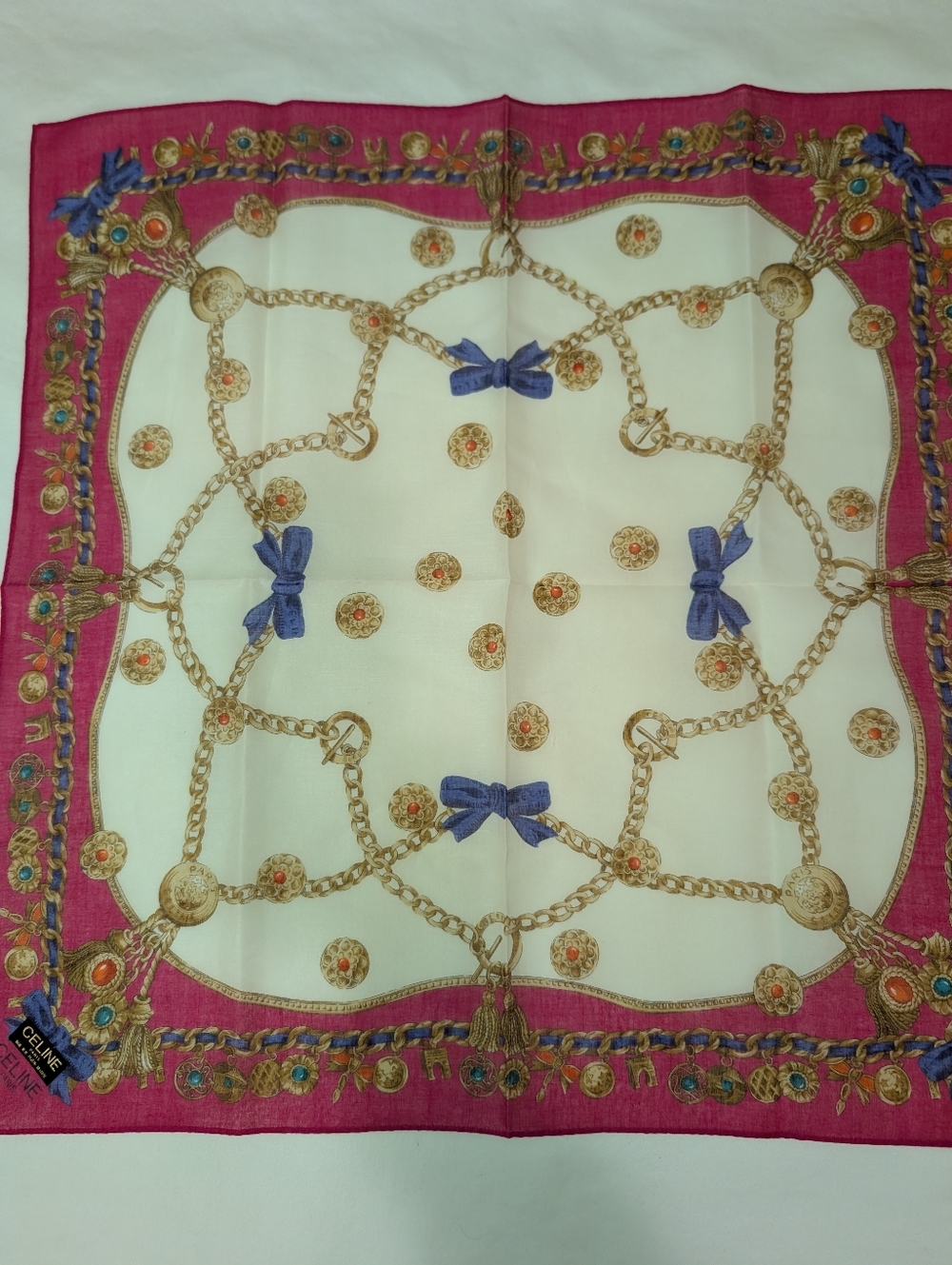 CELINE Pink & Cream Silk Scarf with Blue Bow Accents